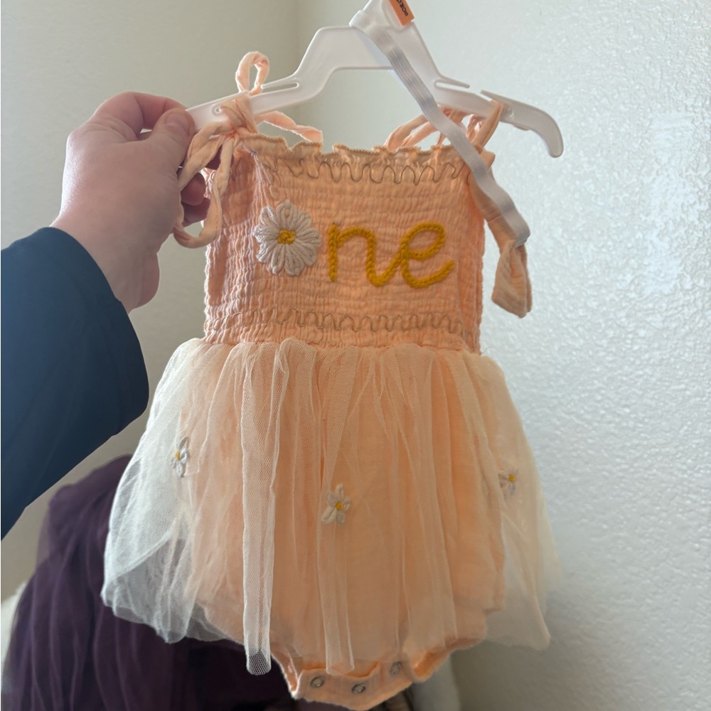 Peach Tulle 'One' Birthday Romper